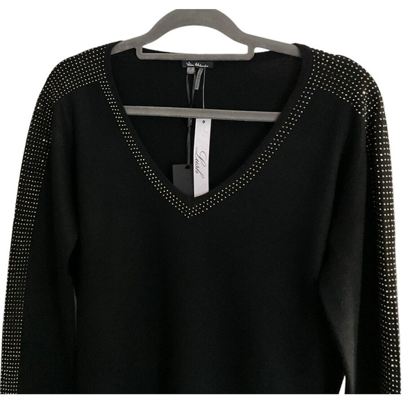 Vita Milano Black Sweater Studded Trim V-Neck Medium New - Picture 12 of 13